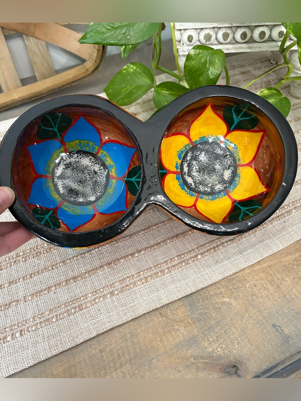 VTG Mexican Folk Art Lacquered Wood 2 Oval Bowl Hand Painted Floral Mexico blu/y